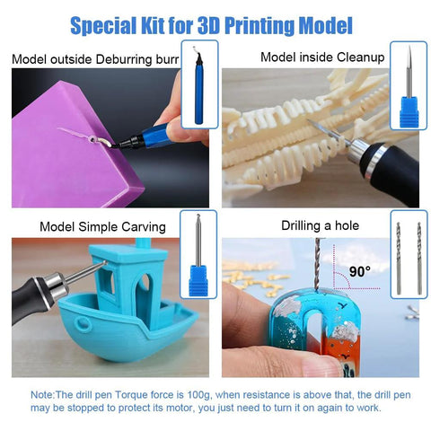 Amazon 3D printing tools kit with USB rotary tool and burr bits; four-view collage shows deburring, carving, drilling.