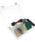Over 800 Pieces DIY Electronics Kit With Double Sided PCBs, resistors, jump wires, and headers in a storage box