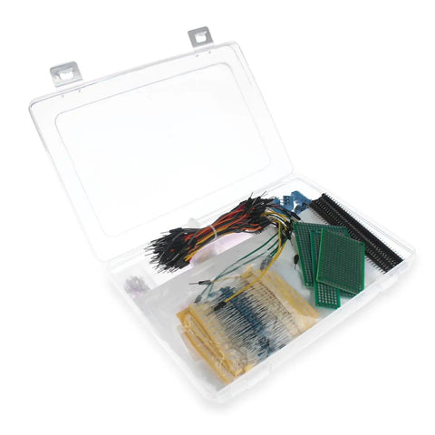 Over 800 Pieces DIY Electronics Kit With Double Sided PCBs, resistors, jump wires, and headers in a storage box