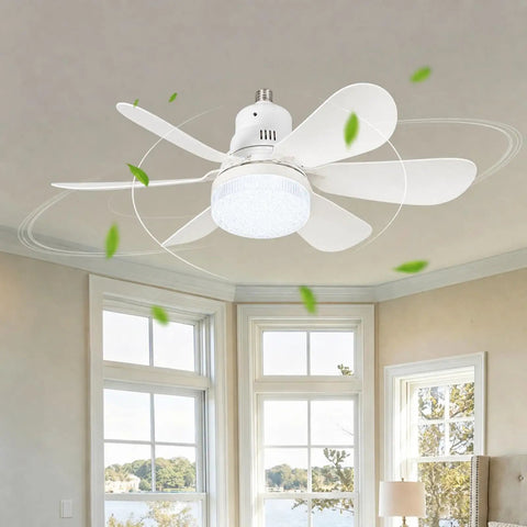 40W Small Ceiling Fan with Lights, Remote, 3 Color Temps, 520mm White in a bright living room with windows.