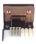 Heavy Duty Glass Door Hinge With 90 Degree Clamp, rose gold 304 stainless steel, shown with mounting screws and anchors