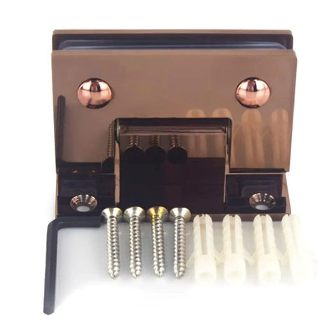 Heavy Duty Glass Door Hinge With 90 Degree Clamp, rose gold 304 stainless steel, shown with mounting screws and anchors