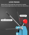 Precision Manual Arbor Press Featuring Smooth Lever Action 1 Ton Capacity Metal Punch Tool showing lever with balance block for precision use.