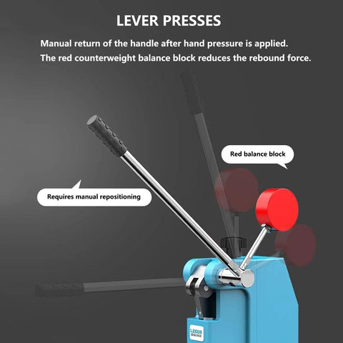 Precision Manual Arbor Press Featuring Smooth Lever Action 1 Ton Capacity Metal Punch Tool showing lever with balance block for precision use.
