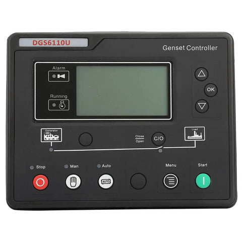 Electronic Generator Controller Module With LCD Display AMF Function Auto Transfer Switch Eight Language Support Load Test Key No Fuss Backlit Display For Smooth Utility To Generator Power Transfer front view