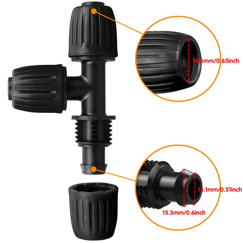 Close-up of 10 Pack Half Inch Drip Irrigation Barbed Tee Connectors With Locked Nut Anti Drop, fit 0.62-0.65 inch tubing, diagram.