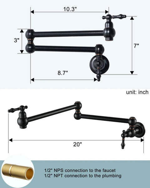 Oil Rubbed Bronze Pot Filler Faucet In Solid Brass, Wall Mounted Pasta Faucet With Double Joint Swing Arm For Kitchen Over Stove