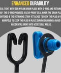 Close-up of blue nylon drain plug with O ring and strap for Two Pack Drain Plug Replacement With O Ring And Retaining Strap For Volvo Penta Marine Manifold Block Fits 4 3L 5 0L 5 7L Engines Blue Nylon Plugs Replaces 2114522 3849500 3849892.
