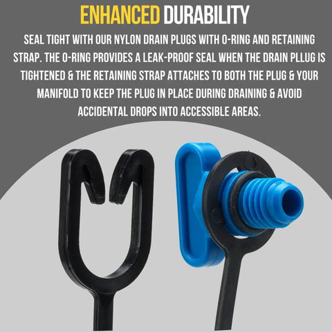 Close-up of blue nylon drain plug with O ring and strap for Two Pack Drain Plug Replacement With O Ring And Retaining Strap For Volvo Penta Marine Manifold Block Fits 4 3L 5 0L 5 7L Engines Blue Nylon Plugs Replaces 2114522 3849500 3849892.
