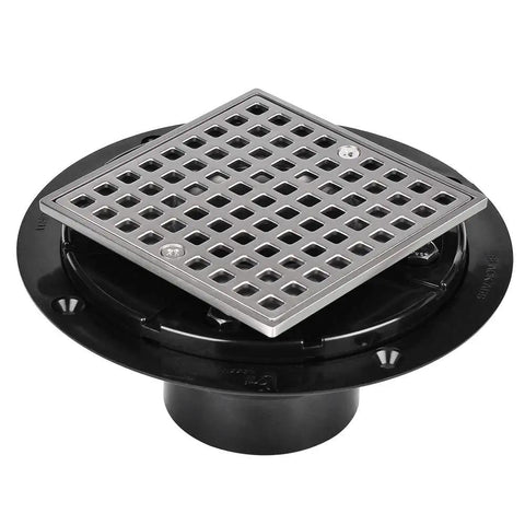 Low Profile 4-1/4 Inch Square Shower Drain Kit With 304 Stainless Steel Base, PVC Flange, Nickel Brushed Grate, CUPC Certified