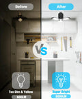 Comparison of garage lighting before and after installing All Day Motion Activated Garage Light With 80W Power, showing brightness improvement