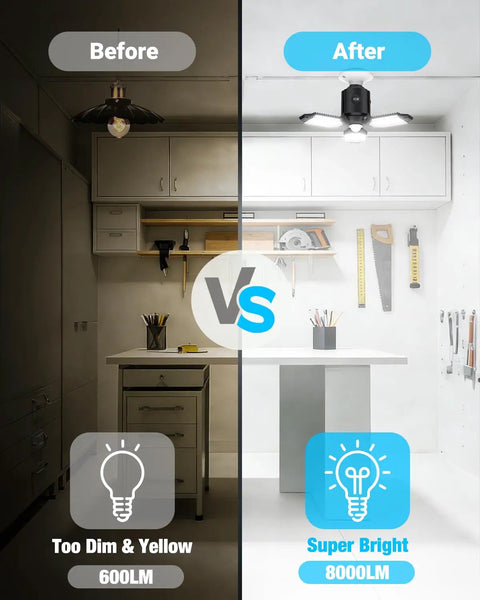 Comparison of garage lighting before and after installing All Day Motion Activated Garage Light With 80W Power, showing brightness improvement