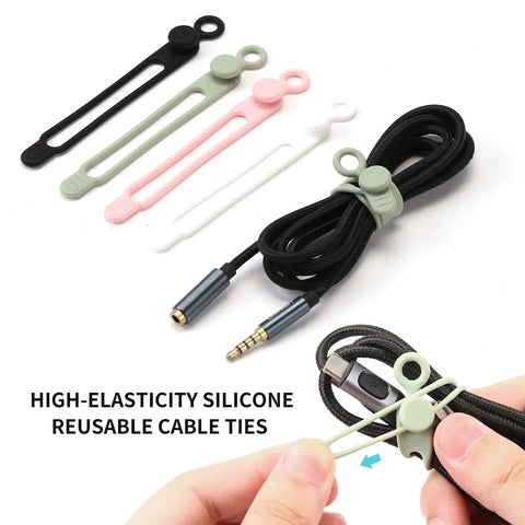 Silicone Cable Ties Super Handy You Can Reuse The Ultimate Cable Management Organizer For Bundling And Fastening Cables And Wires Elastic Flexible Colorful Set In Black White Pink Green, shown securing black cables.