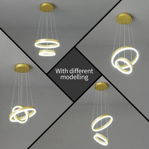 Modern LED Two Ring Gold Chandelier For Staircase Foyer And Living Room Contemporary Ceiling Pendant Light Fixture With High Ceiling 6000K Cool White Glow Luxe Gold Finish