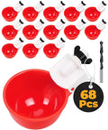 68 Piece Sleek Chicken Waterer Cups Delivering No Sweat Automatic Leak Proof Poultry Watering Station With Tee Fittings And Hole Opener For Rock Solid Hydration In Vibrant Red, shown with 14 cups and drill.