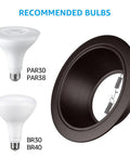 12-Pack 6 Inch Recessed Light Trim With Detachable Ring And Step Baffle In Oil Rubbed Bronze Full Metal Build shown with recommended bulbs