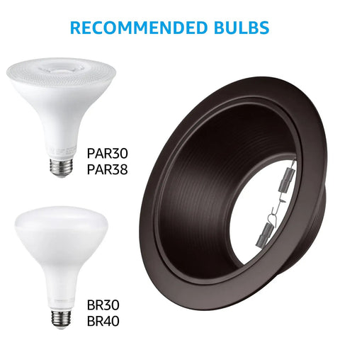 12-Pack 6 Inch Recessed Light Trim With Detachable Ring And Step Baffle In Oil Rubbed Bronze Full Metal Build shown with recommended bulbs
