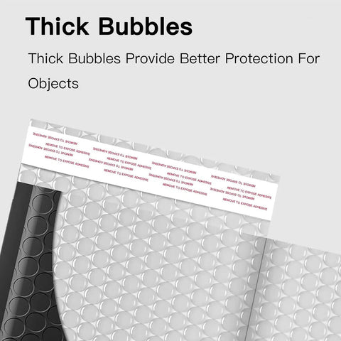 Close-up of Black Bubble Mailers 6x10 Inch Outer, Usable 6x9 Inch, 4.6mm Thick Waterproof Padded Envelopes For Shipping, showing self-sealing flap and protective bubbles.