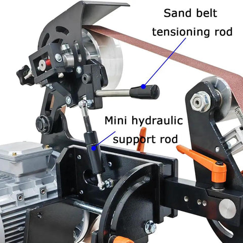 Kick Butt In The Workshop With This 2Hp Variable Speed Belt Sander Grinder with sand belt tensioning and hydraulic support rod.