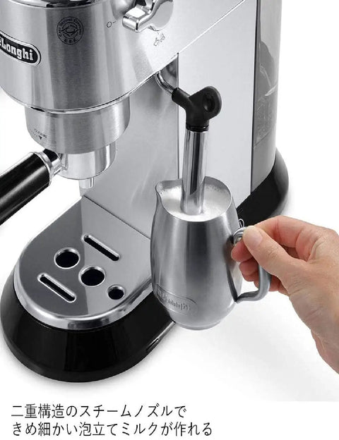 Top Drawer Stainless Steel Espresso Machine And Coffee Maker With Built In Milk Frother For Killer Cappuccinos showing milk frother attachment in use.