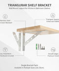 Stainless Steel Triangular Shelf Brackets For Wall Mounts support a wooden shelf, showing mounting screws and hardware included.