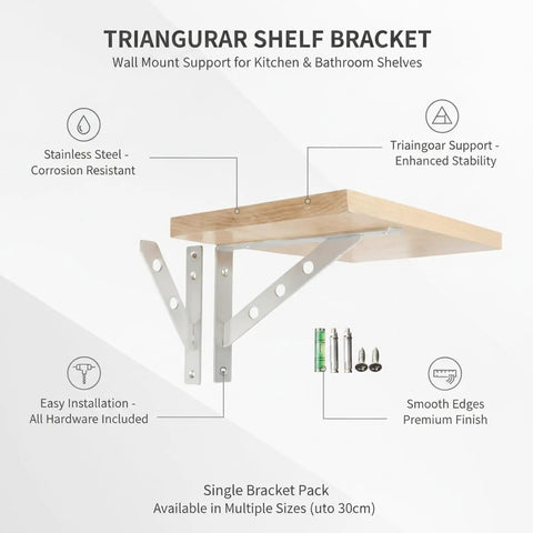 Stainless Steel Triangular Shelf Brackets For Wall Mounts support a wooden shelf, showing mounting screws and hardware included.