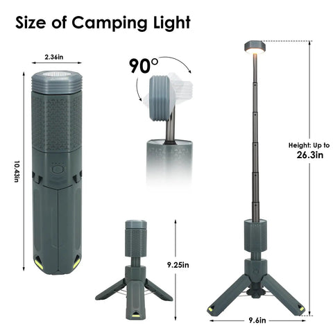 Go-To Telescopic Camping Lights With Storage Bag, 10500mAh Rechargeable Outdoor Lantern For Camping, Hiking, And Emergencies, Waterproof LED Work Light With Magnetic Base, Portable Gray Design For Any Weather; showing dimensions and features.
