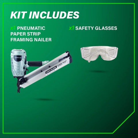 Kit includes Pro Grade Framing Nailer For Roofing, Flooring, Truss Build Up, Subfloor And Decking with safety glasses