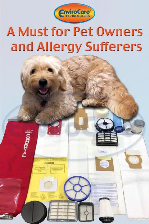 Dog lying on assorted vacuum bags and filters for Kenmore and Panasonic Type C vacuums, including Replacement Vacuum Bags For Kenmore Canister Type C And Panasonic Type C5 Vacuums 9 Pack White Compatible With Q 50555 50558 50557 Easy To Install Durable Paper Bags For Frustration Free Cleaning