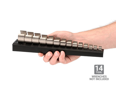 14 Tool 3/8 Inch Drive Flare Nut Crowfoot Wrench Organizer Rack Black for 5/16 to 1-1/16 Inch Wrenches held in hand