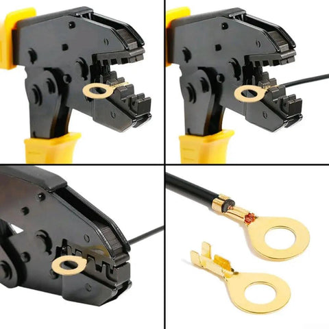 Heavy Duty Brass Insulated Crimp Ring Terminals Spade Connectors 150 Pieces Electrical Wire Connector Kit For Safe And Effective Home Wiring Projects Easy No Solder Setup M3 M6 Sizes A Must Have For Any Electrician Or DIY Guy Looking To Get The Job. brass crimp ring terminal being stripped and crimped on wire