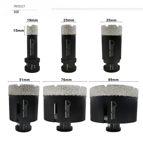 Six-Piece Diamond Core Drill Bit Set For Porcelain Tile Granite Marble And Stone Brick Vacuum Brazed Hole Saws 19, 25, 35, 51, 76, 89mm For Dry Or Wet Drilling Beefed-Up Steel Body Fast Cutting Ultra Durable