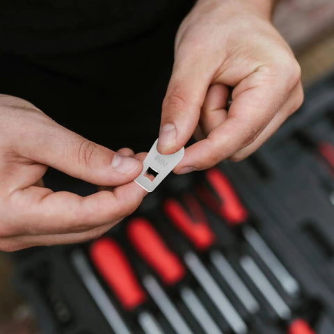 Slick Steel Hand Torque Wrench With Eight Millimeter Open End Jaw Portable Bike Gear for hydraulic brake cable fix shown in hand.