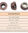 Front view of brown carbide milling insert RPMT1204MOE with central bore and edge pattern
Side view of brown carbide milling insert RPMT1204MOE with central bore and angled outer face
Close-up of brown carbide insert RPMT1204MOE showing 11° cutting corner and CVD coating