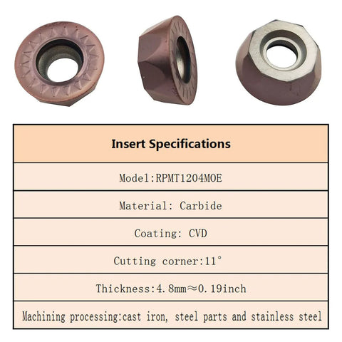 Front view of brown carbide milling insert RPMT1204MOE with central bore and edge pattern
Side view of brown carbide milling insert RPMT1204MOE with central bore and angled outer face
Close-up of brown carbide insert RPMT1204MOE showing 11° cutting corner and CVD coating