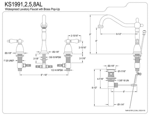 Technical drawing of 8 Inch Widespread Bathroom Faucet In Polished Chrome With Solid Brass Construction Drip Free Ceramic Disc Cartridge Deck Mount 3 Hole Installation One Point Two GPM Flow At 60 PSI Classic Glam Meets Everyday Convenience