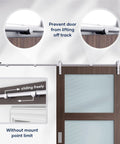 Stainless Steel Sliding Barn Door Hardware Track Kit 5 Ft Heavy Duty Anti Rust Anti Corrosion Ball Bearing Rollers installed.