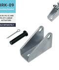 Mounting bracket kit for PA-09, PA-10, and PA-ST1 linear actuators, including bracket, pin, and clip, shown in metal finish.
