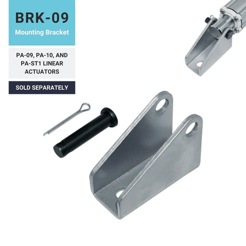 Mounting bracket kit for PA-09, PA-10, and PA-ST1 linear actuators, including bracket, pin, and clip, shown in metal finish.