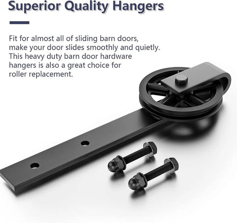 Heavy Duty Sliding Barn Door Hardware Rollers Black Two Pack Ultra Silent Pom Track Wheels with hanger and bolts.