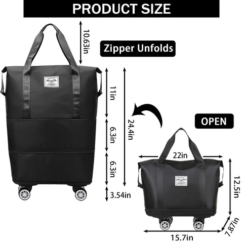 Black rolling duffle luggage on wheels with detachable wheels and an expandable foldable carry bag.