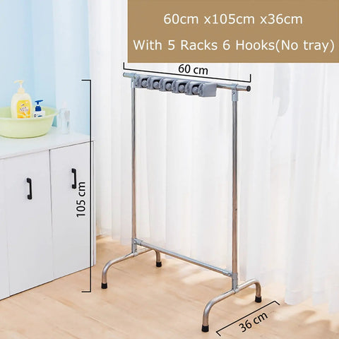 Movable Mop and Broom Organizer Cart With Lockable Wheels, stainless steel, 5 racks 6 hooks, floor-mounted in indoor setting.