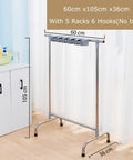 Movable Broom And Mop Holder With Wheels showing metal construction, dimensions 60cm x 105cm x 36cm, for garage and closet storage
