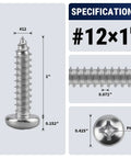 #12 x 1 Inch Hella Tough 304 Stainless Steel Phillips Pan Head Wood Screw specifications including dimensions.