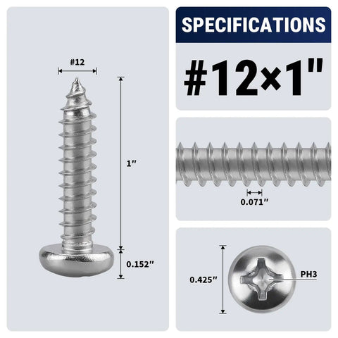 #12 x 1 Inch Hella Tough 304 Stainless Steel Phillips Pan Head Wood Screw specifications including dimensions.