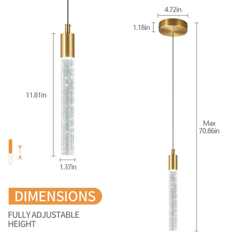 Modern Gold Brass Finish LED Dimmable Kitchen Island Pendant Lights 2 Pack With Crystal Bubble Column Sleek Mini Pendant Lighting