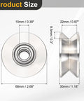 Tough V Groove Pulley Wheel Built For Dead Quick Fit On Linear Rails With Zero Drag Turn Across Heavy Conveyor Tracks Made From Solid 201 Stainless Steel For Killer Rust Shielding Durability Measuring Ten Mm Bore By Sixty Eight Mm Thickness, showing size dimensions.