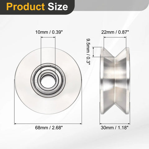 Tough V Groove Pulley Wheel Built For Dead Quick Fit On Linear Rails With Zero Drag Turn Across Heavy Conveyor Tracks Made From Solid 201 Stainless Steel For Killer Rust Shielding Durability Measuring Ten Mm Bore By Sixty Eight Mm Thickness, showing size dimensions.