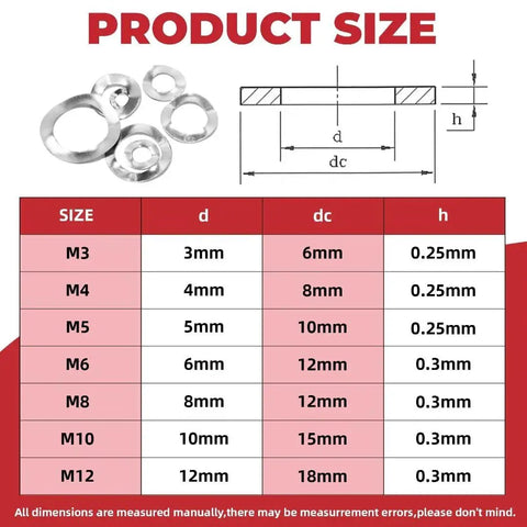 Heavy Duty Stainless Steel Wave Washer Kit 350 Piece Assortment For Gaskets And Spacers, 7 Common Metric Sizes M3 M4 M5 M6 M8 M10, Rust Resistant 304 Grade, Built For Machinery, Outdoor, DIY Projects And Marine Gear, size chart