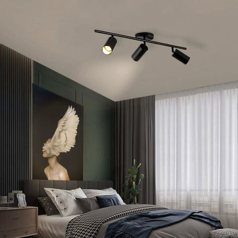 Modern Dope Matte Black 3 Light Adjustable LED Track Lighting Kit With Industrial 3 Way Flush Mount in stylish bedroom